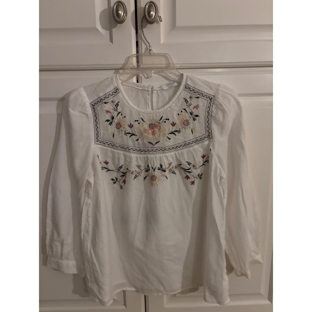 Lucky Brand White Floral Embroidered Cotton Peasant Blouse Long Sleeve Small